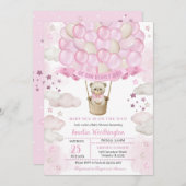 ライトピンクのテディベア熱い気球ベビーシャワー 招待状 (正面/裏面)