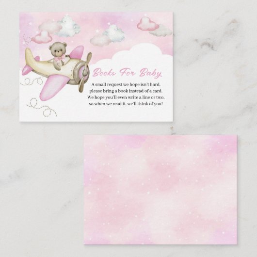 ライトピンクのテディベア飛行機のベビー エンクロージャーカード (正面/裏面)