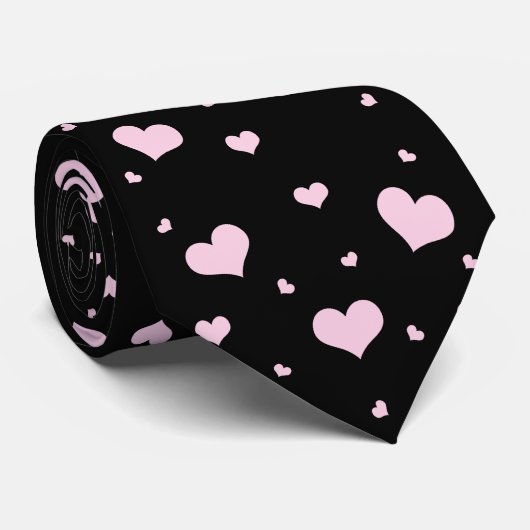 ライトピンクのハート模様の黒いネクタイ ネクタイ (ロール)