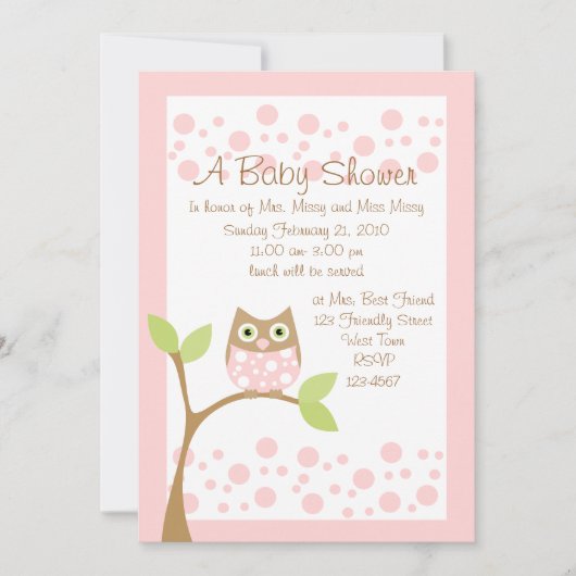 ライトピンクのフクロウのベビーシャワー招待状 招待状 (正面)