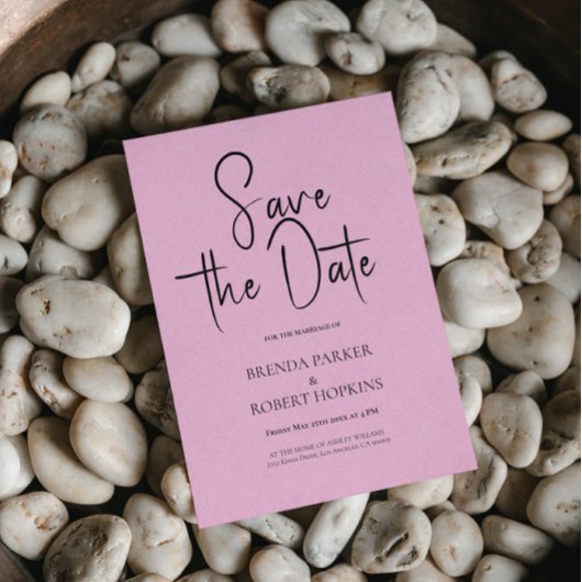 ライトピンクのリネンシンプルブラックスクリプト日付を保存 招待状