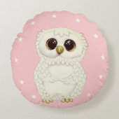 ライトピンクの丸いクッションに白いフクロウと星 ラウンドクッション (正面)