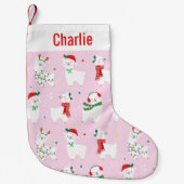 ライトピンクの可愛いクリスマスラマ スモールクリスマスストッキング (正面)