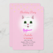 ライトピンクの女の子の誕生日招待状（猫と星） 招待状 (正面/裏面)