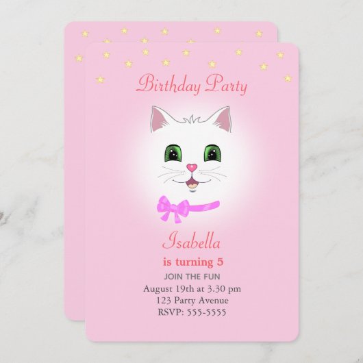 ライトピンクの女の子の誕生日招待状（猫と星） 招待状 (正面/裏面)