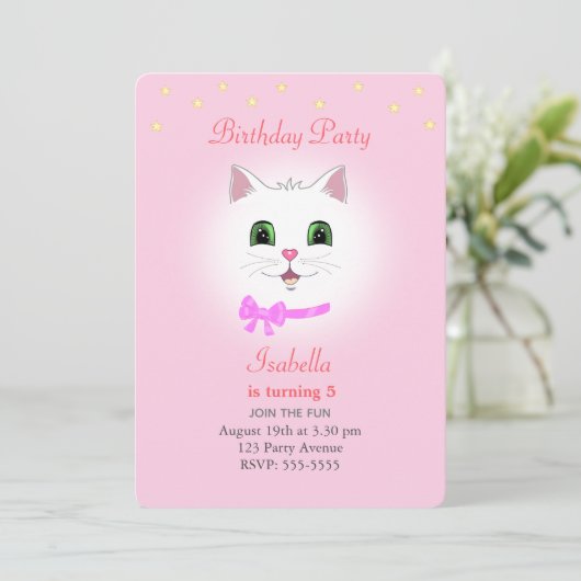 ライトピンクの女の子の誕生日招待状（猫と星） 招待状 (スタンド正面)