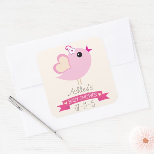 ライトピンクの愛の鳥の赤ちゃんシャワー スクエアシール (封筒)