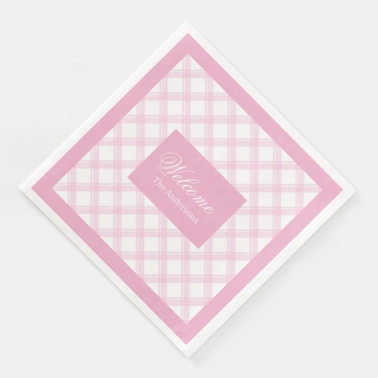 ライトピンクの格子柄のナプキンパーソナライズされたとシック (コーナー)
