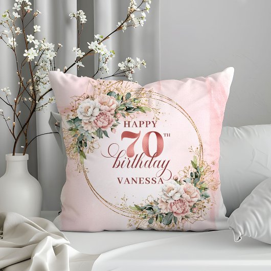 ライトピンクの水彩花の枕 70歳の誕生日 クッション