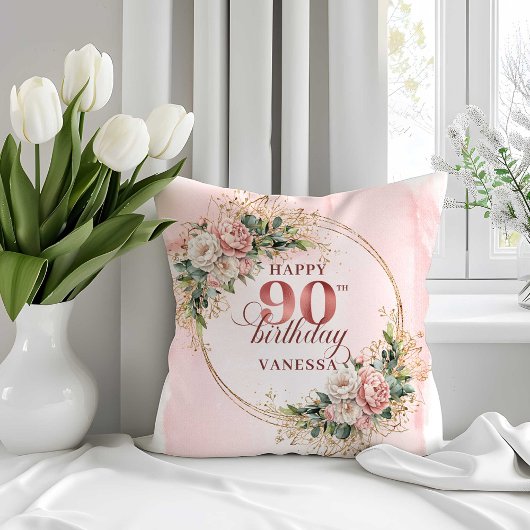 ライトピンクの花とグリーンを使った90歳の誕生日枕 クッション