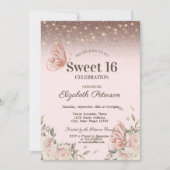 ライトピンクの花グリッター蝶スウィート16 招待状 (正面)