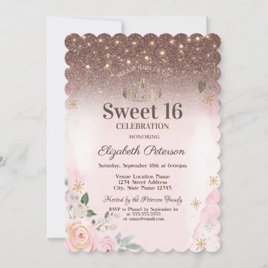 ライトピンクの花スノーフレークグリッタースイーツ16 招待状 (正面)