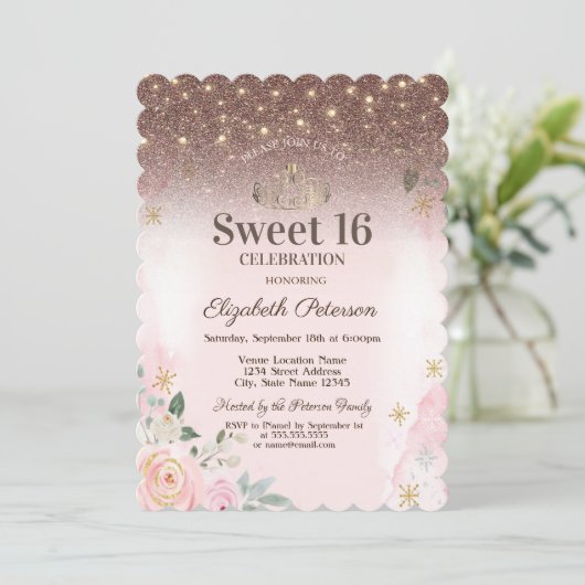 ライトピンクの花スノーフレークグリッタースイーツ16 招待状 (スタンド正面)