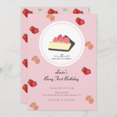 ライトピンクの苺のファーストガール ファーストバースデー 招待状 (正面/裏面)