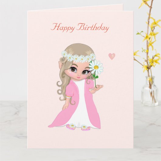 ライトピンクの誕生日カードにキュートな妖精の女の子 カード (黄色い花)