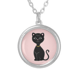 ライトピンクの黒猫 シルバープレートネックレス