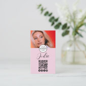 ライトピンクのQRコード、ロゴ、フォトメイクアップ 名刺 (スタンド正面)