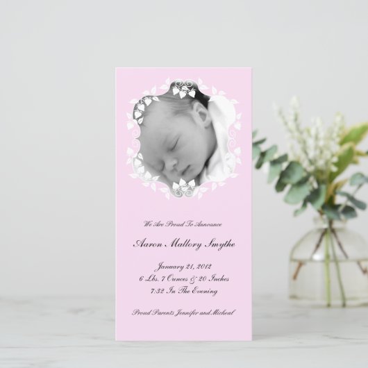 ライトピンクガール新生児フォトカード 案内状 (スタンド正面)