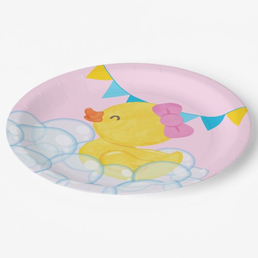 ライトピンクガール水色ラバーダックパーティー ペーパープレート (アングル)