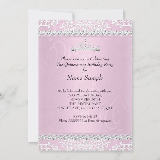 ライトピンクキンセアニェラ15thバースデーパーティティアラ 招待状 (裏面)