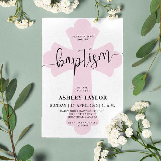 ライトピンククロスバプテスマの招待 招待状