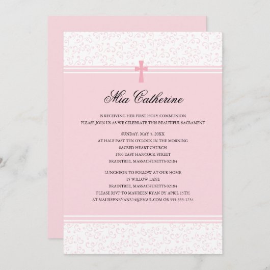 ライトピンククロスファースト聖餐式招待状 招待状 (正面/裏面)