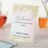 ライトピンクグリッターゴールデンスプラッシュ結婚ズへようこそ 台座サイン (インサイチュ)