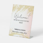 ライトピンクグリッターゴールデンスプラッシュ結婚ズへようこそ 台座サイン (正面)