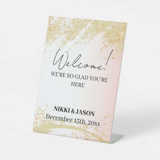 ライトピンクグリッターゴールデンスプラッシュ結婚ズへようこそ 台座サイン (正面)