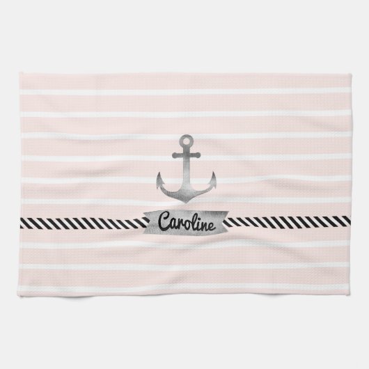 ライトピンクストライプ色の水色いかりカスタム キッチンタオル (横)