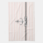 ライトピンクストライプ色の水色いかりカスタム キッチンタオル (縦)