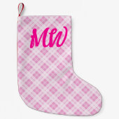 ライトピンクタータンチェッククリスマスホリデーズモノグラム スモールクリスマスストッキング (正面)
