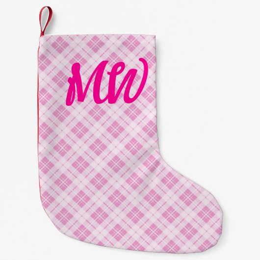 ライトピンクタータンチェッククリスマスホリデーズモノグラム スモールクリスマスストッキング (正面)