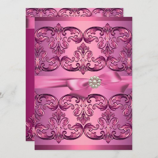 ライトピンクダマスク&ボウスウィート16誕生日招待状 招待状 (正面/裏面)