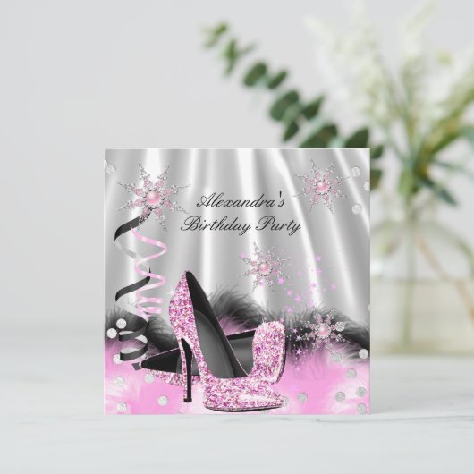 ライトピンクハイヒールシルバーバースデーパーティー 招待状 (スタンド正面)