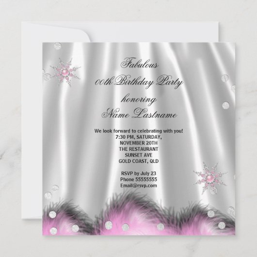 ライトピンクハイヒールシルバーバースデーパーティー 招待状 (裏面)