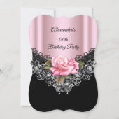 ライトピンクバラバースデーパーティーレースブラックシルバー 招待状 (正面)