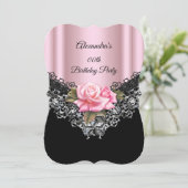 ライトピンクバラバースデーパーティーレースブラックシルバー 招待状 (スタンド正面)