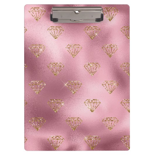 ライトピンクフォイル&金ゴールドグラムグリッターダイヤモンド クリップボード (正面)