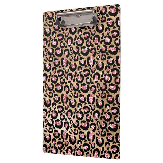 ライトピンクフォイル&金ゴールドグラムグリッターヒョウの斑点 クリップボード (左)