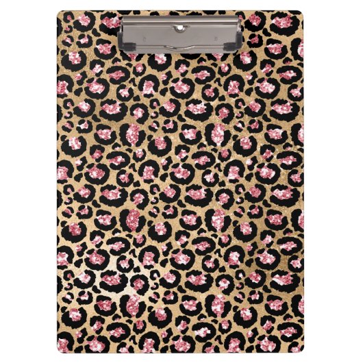 ライトピンクフォイル&金ゴールドグラムグリッターヒョウの斑点 クリップボード (正面)