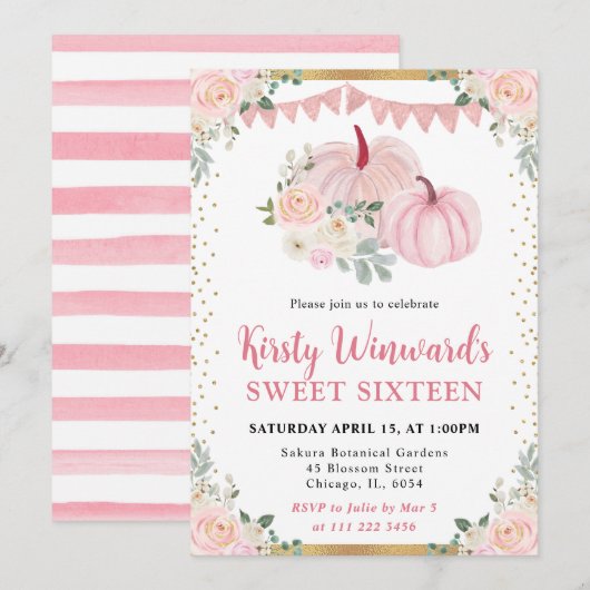 ライトピンクフローラカボチャ秋スウィート16 招待状 (正面/裏面)
