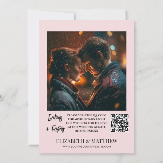 ライトピンクフローラワイルドフラワーフォトQRコー結婚ド 招待状 (裏面)