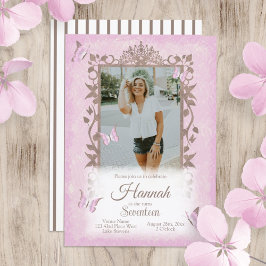 ライトピンクブラウン蝶の誕生日パーティー 招待状