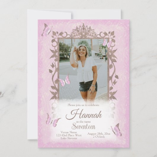 ライトピンクブラウン蝶の誕生日パーティー 招待状 (正面)