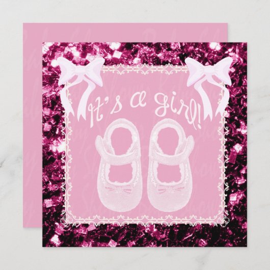 ライトピンクベビーガールシャワーピンクのスパークル招待状 招待状 (正面/裏面)