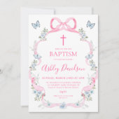 ライトピンクボウブルーワイルドフラワーバプテスマ 招待状 (正面)