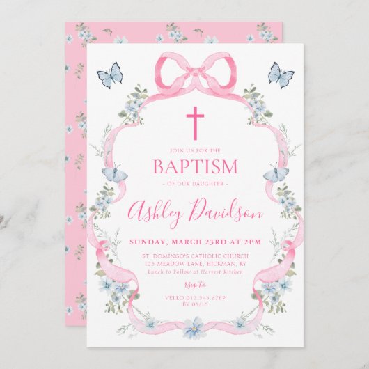 ライトピンクボウブルーワイルドフラワーバプテスマ 招待状 (正面/裏面)