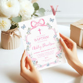 ライトピンクボウブルーワイルドフラワーバプテスマ 招待状