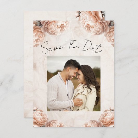 ライトピンク牡丹の花ヴィンテージ保存日 案内ポストカード (正面/裏面)